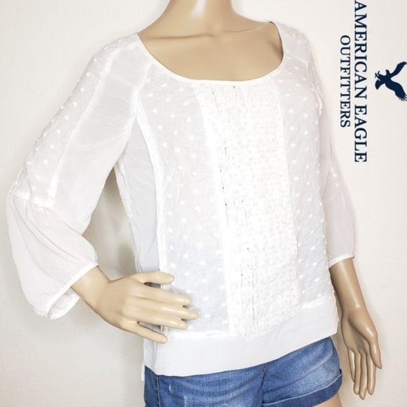 American eagle outfitters white swiss dot eyelet lace long sleeve top sz medium - Picture 2 of 7